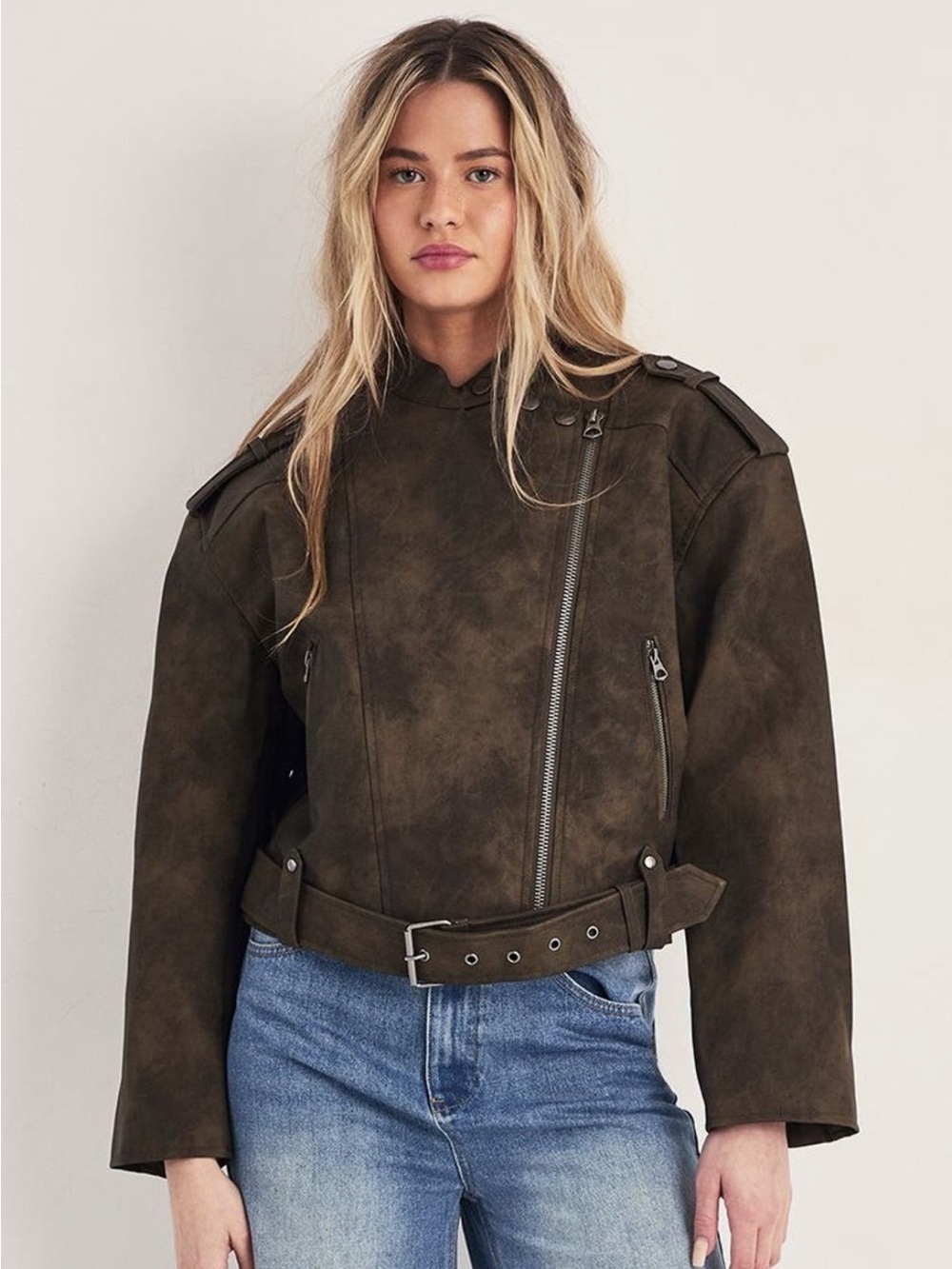 Nasty Gal Olive Moto Belted Faux Suede Cropped Jacket